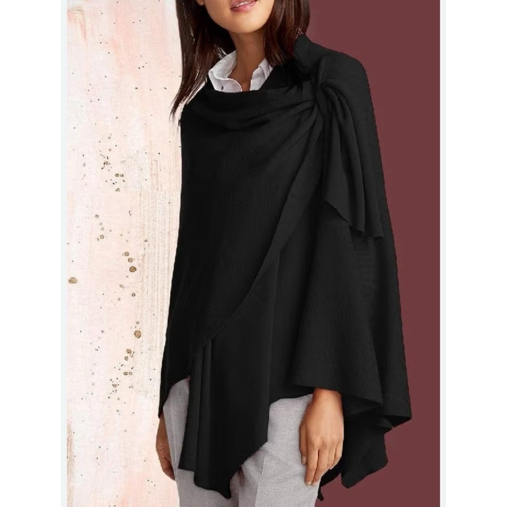 Puli‎ Womens Black Knit Poncho Wrap Cape Viscose Blend OS Minimalist Preppy Chic